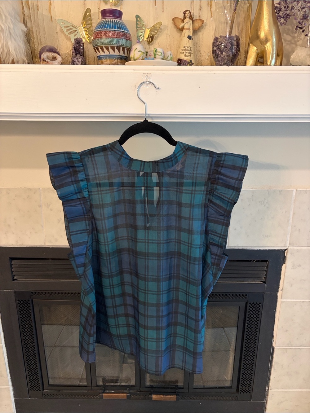 LOFT Blue and Green Plaid Flutter-Sleeve Blouse